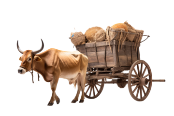 Traditional bullock cart isolated on transparent background, showcasing rustic wooden design and cultural heritage for vintage transportation concepts in digital artwork and creative design projects.