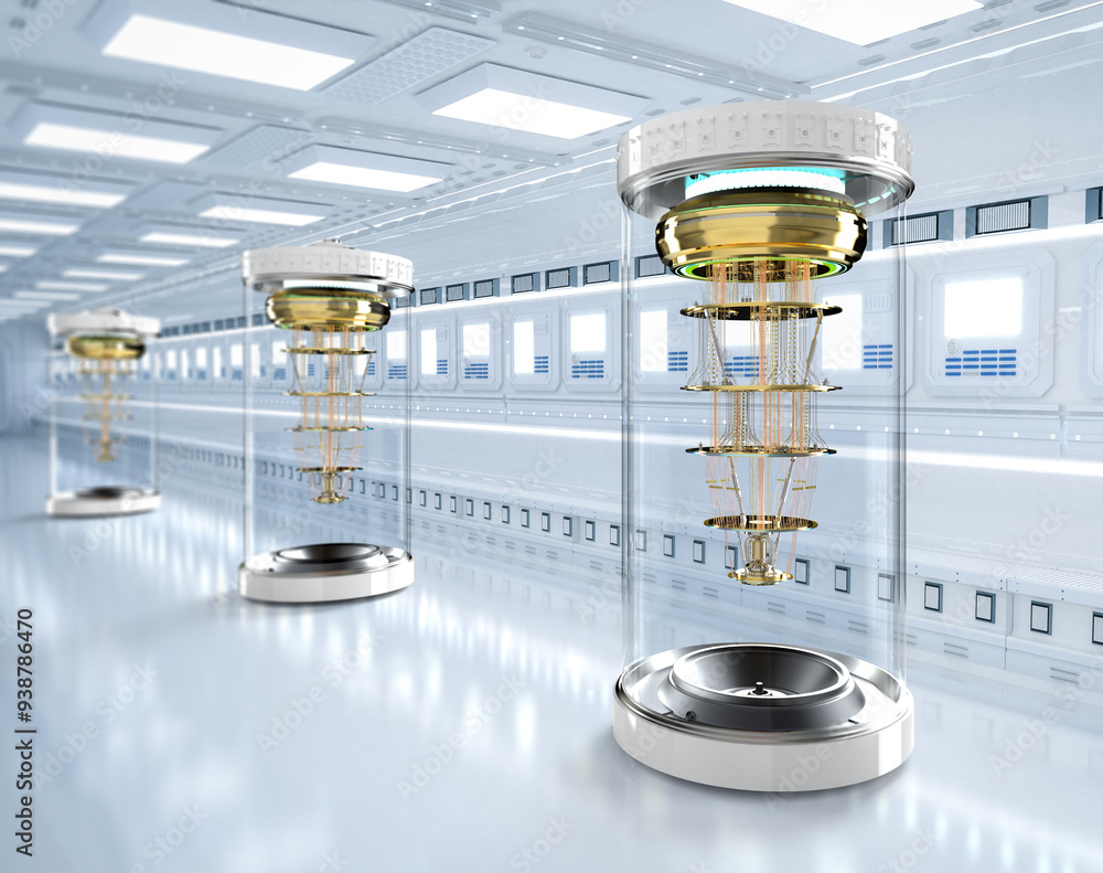 Poster group of quantum computer machines in shield capsules