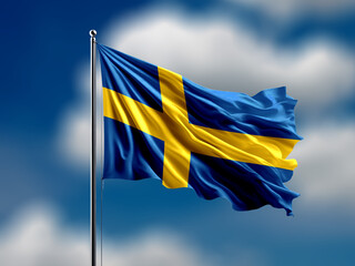 sweden flag flying on blur blue clouds background.