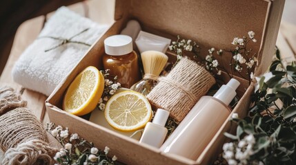 Self care package, seasonal gift box with zero waste organic cosmetics products for men. Personalized eco friendly basket for family and friends for thankgiving, christmas, fathers day