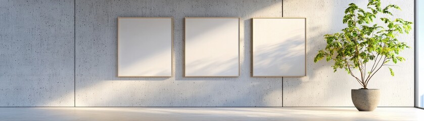 Modern interior with blank frames and a potted plant, perfect for showcasing art or design ideas.