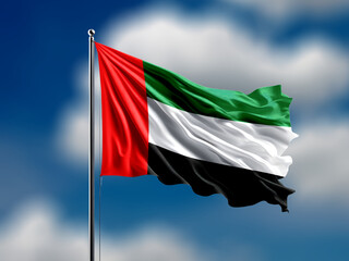 uni arab emirates flag flying on blur blue clouds background.