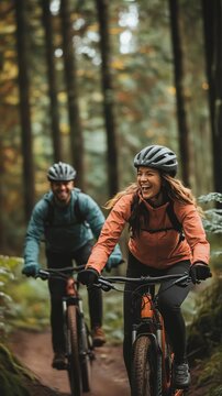 Joyful Mountain Biking in a Lush Forest