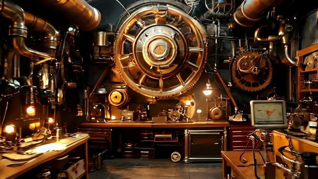 Intricately detailed steampunk workshop filled with complex machinery and mechanical wonders. Retro-futuristic design concept