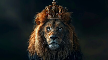 Fototapeta premium A powerful depiction of a majestic lion wearing a golden crown, symbolizing Christian royalty and divine authority, set against a dramatic, spiritual backdrop