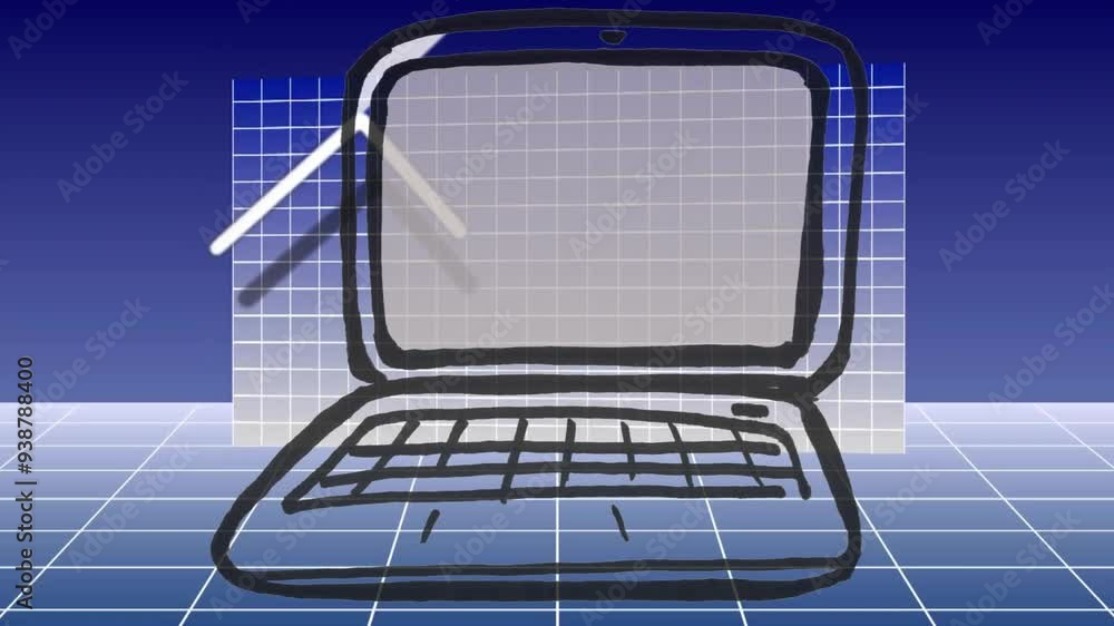 Poster laptop sketch with rising arrow animation on grid background