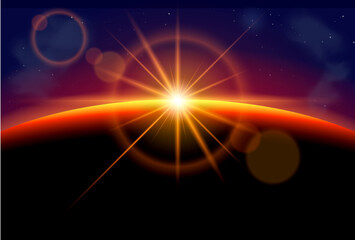An Illustration of Cosmic Sunrise Over Earth Horizon depicts a breathtaking cosmic sunrise as viewed from space, with the sun's rays emerging over the curved horizon of Earth. The deep blues and black