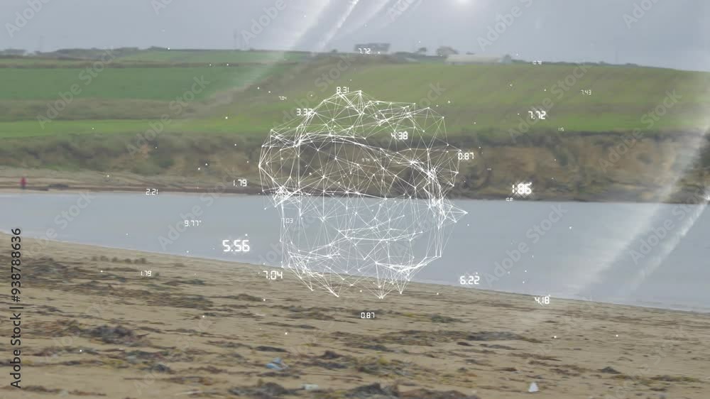 Poster geometric network and data points animation over beach and coastal landscape