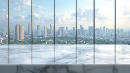 Fototapeta premium White marble stone table with city view in office building,view of window wall building with sunrise city view background,Modern office interior,early bird and morning concept.