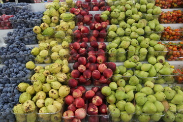 Summer fruits arranged on shelves for sale
