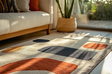 Cozy home interior with modern rug and sofa in warm sunlight