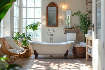 Bright sunny bathroom with classic freestanding tub and wicker a