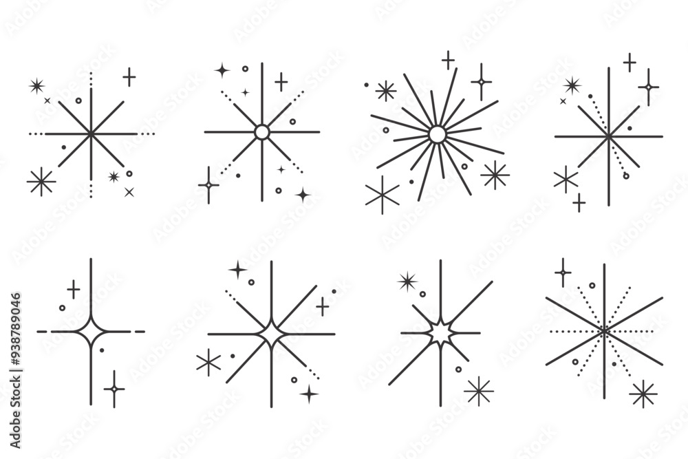 Poster outline icons of stars with sparkles. glitter light graphic elements set. twinkles retro symbols on 
