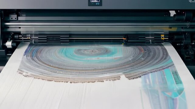 Industrial printer working, plotter head slides over paper surface, prints large image. Modern digital inkjet printer puts picture on vinyl banner. Textile industry. Process applying color to fabric.
