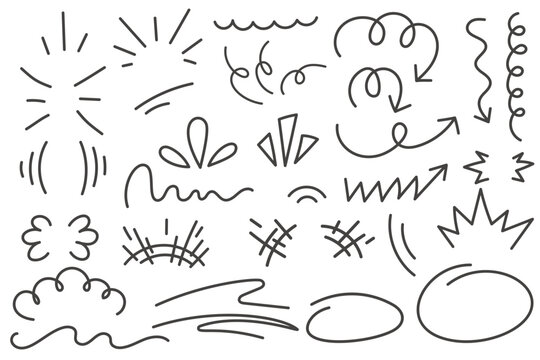 Comic cartoon effects of bomb explosion. Doodle vector elements splashes burst and arrows. Manga boom and scribble lines sketch. Hand drawn speed action lines.