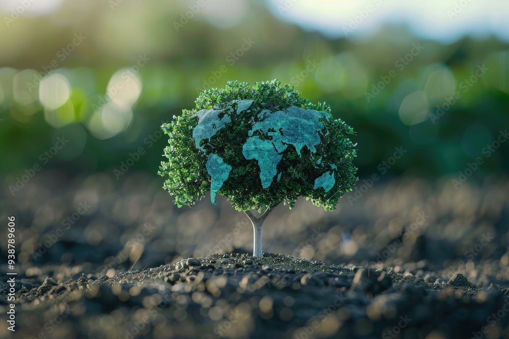 Poster world map tree symbolizes saving the environment.