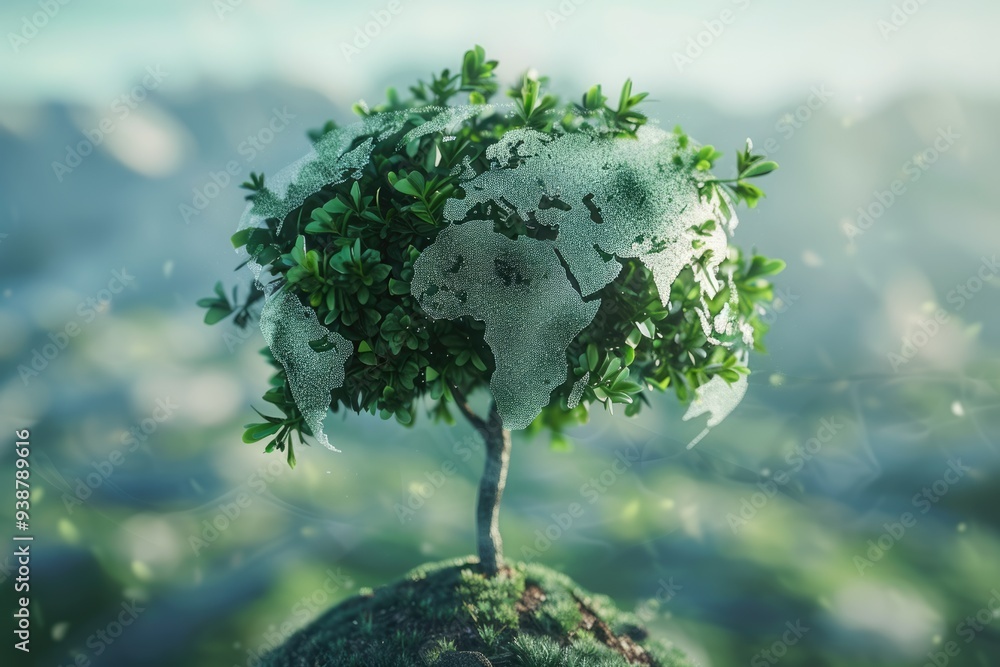 Poster world map tree symbolizes saving the environment.