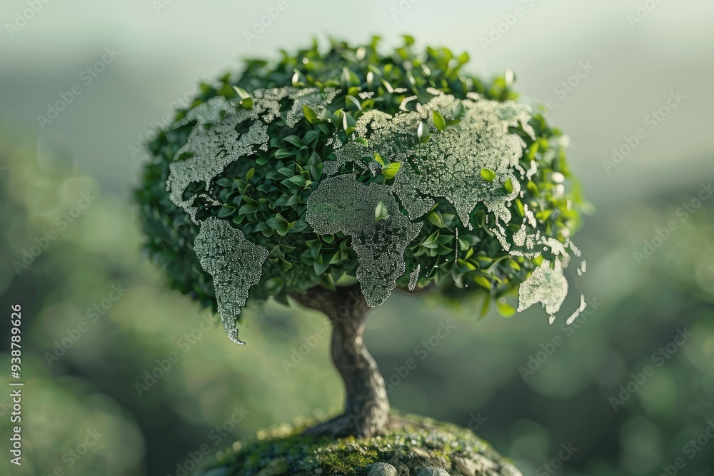 Poster world map tree symbolizes saving the environment.