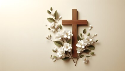 wooden cross with white flowers simple and elegant funeral invitation template with space for text