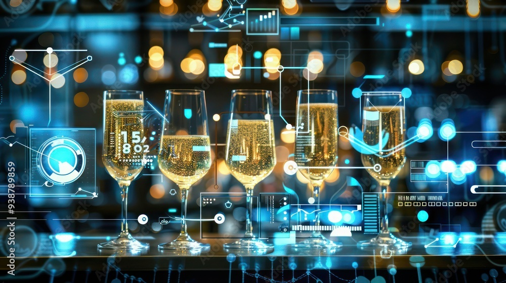 Poster digital interface displaying champagne celebration tips and tricks.