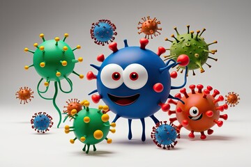 3D Whimsical Cartoon Microbes and Viruses on a White Background