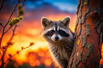 Silhouette of a playful raccoon partially hiding behind a wispy tree branch during sunset, with vibrant hues of orange and pink in the sky, soft focus, low-key lighting
