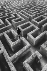 Solitude in the Concrete Maze - A lone figure in a suit navigates a vast, concrete labyrinth, symbolizing isolation and the search for direction in a complex world.