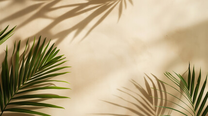 Obraz premium Minimalistic beige background with tropical palm leaves shadows, evoking a tranquil summer atmosphere