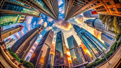 Stunning cityscape unfolds from a worm's-eye view, towering buildings springing forth in a kaleidoscope of vibrant hues, sharp lines, and geometric shapes.