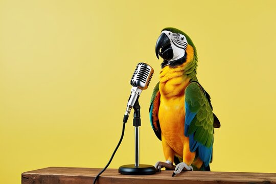 Lively Parrot Singing into a Microphone Against a Bright Yellow Backdrop � A Whimsical Promotional Idea
