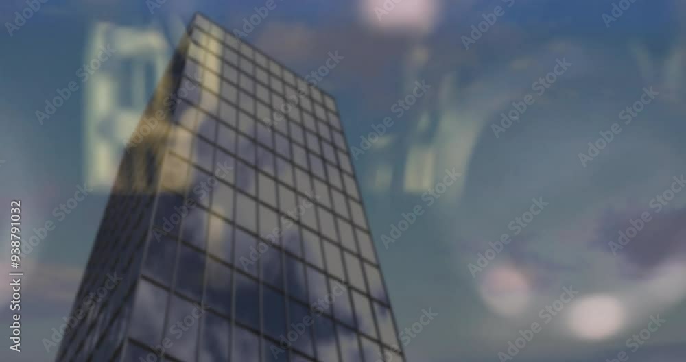 Poster reflective windows on skyscraper with clock and gears animation in background