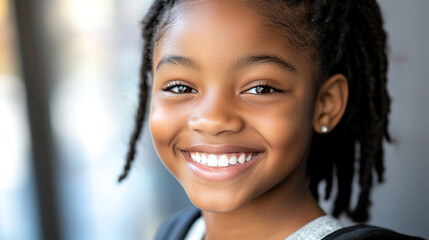 Bright and cheerful African American girl with a school bag in a close-up shot, featuring vivid studio lighting and a blurred background for a detailed, high-quality image.