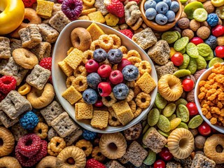 Vibrant breakfast cereals and snacks burst with color, texture, and shape, capturing the joy and excitement of morning mealtime indulgence.