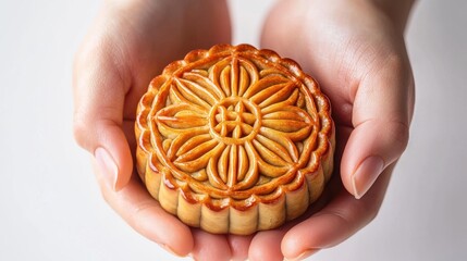 A detailed close-up of hands carefully holding a mooncake, isolated on a clean white background, with the intricate design of the mooncake in focus, highlighting the craftsmanship and cultural