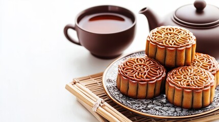 A close-up of traditional Chinese mooncakes arranged on a decorative plate, with a teapot and cups beside them, all set against a plain white background, emphasizing the intricate designs and