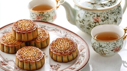 A close-up of traditional Chinese mooncakes arranged on a decorative plate, with a teapot and cups beside them, all set against a plain white background, emphasizing the intricate designs and