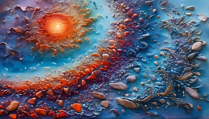 An abstract resin art depicting a cosmic ocean scene with a bright orange sun, blue and red nebulae, swirling patterns, and pearlescent stones.