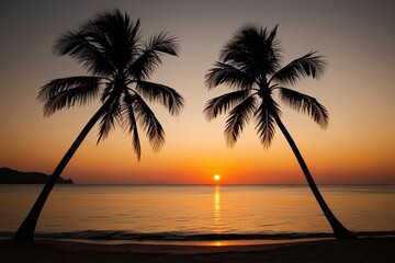 Golden Sunset Beach with Palm Silhouettes and Fiery Orange Reflections