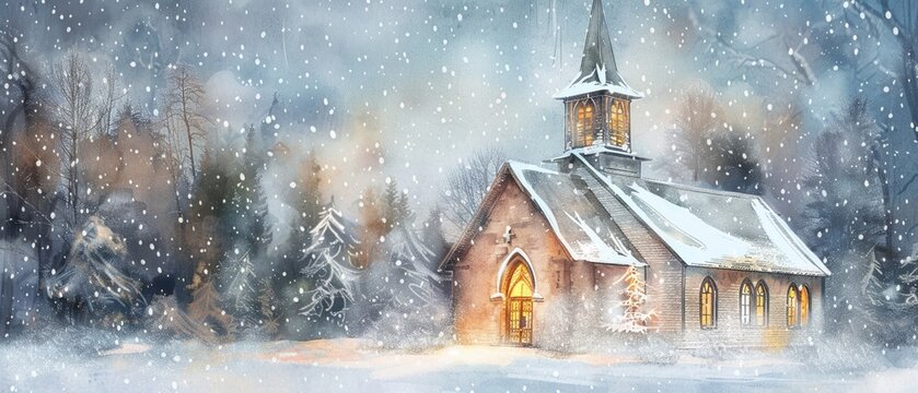 A watercolor winter church scene