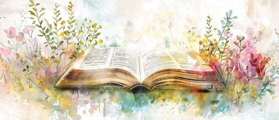 Soft-focus watercolor of a bible open to a significant verse