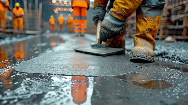 A worker applies wet concrete cement floor plasters with a trowel.