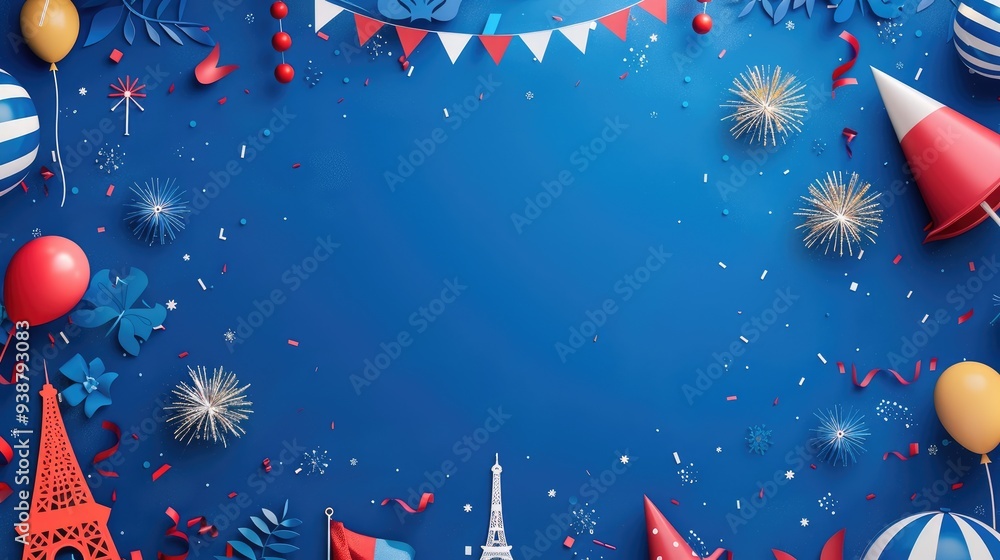 Wall mural 4th of july background with fireworks, stars, illustrations. dark blue color. the border has element