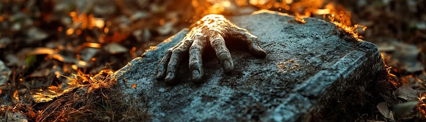Obraz premium A mysterious hand emerges from a stone, surrounded by autumn leaves and soft light, evoking a sense of intrigue and suspense.