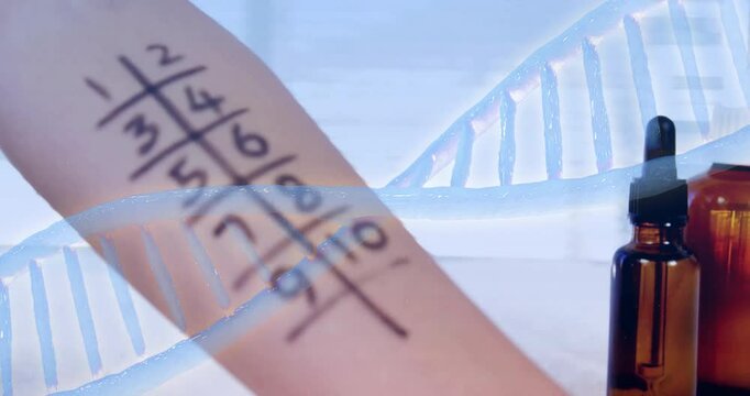 DNA strand animation over arm with allergy test markings and medicine bottles