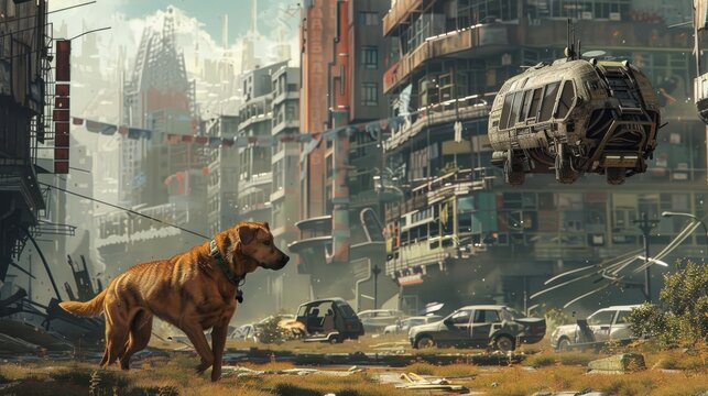 A resilient Brown Labrador navigates through a desolate post-apocalyptic landscape alongside a futuristic floating Robot.