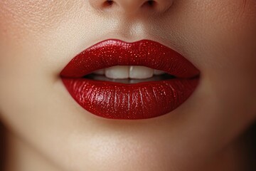 Naklejka premium Close-up of glamorous red lips styled for Halloween, ideal for beauty promotions, makeup ads, or festive designs with copy space.