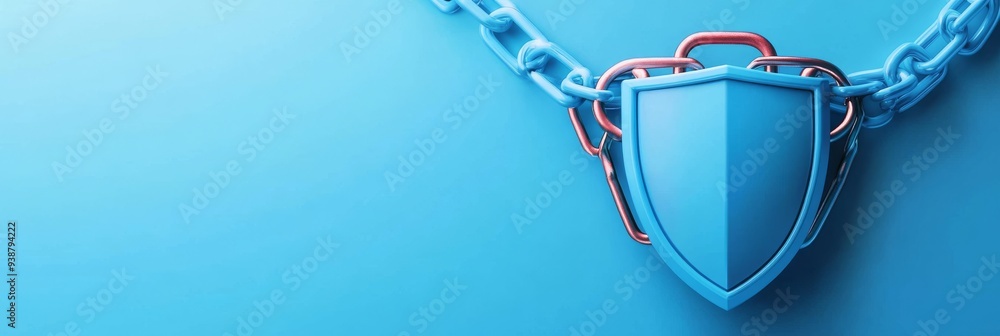 Poster vibrant shield and chain design on clean blue background with red alerts and copy space