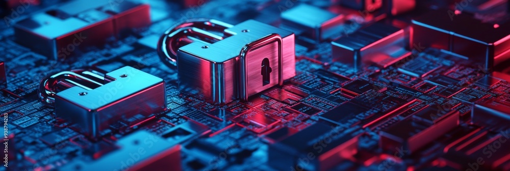 Poster cybersecurity concept with encrypted locks and data fragments in vibrant blue and red.