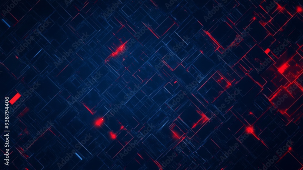 Poster modern abstract digital pattern in dark blue tones with bright red security visuals. minimalist desi