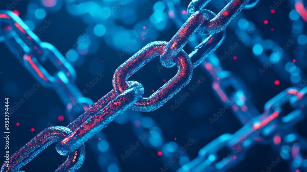 Poster vibrant red highlights on solid blue digital pattern with chains for text space